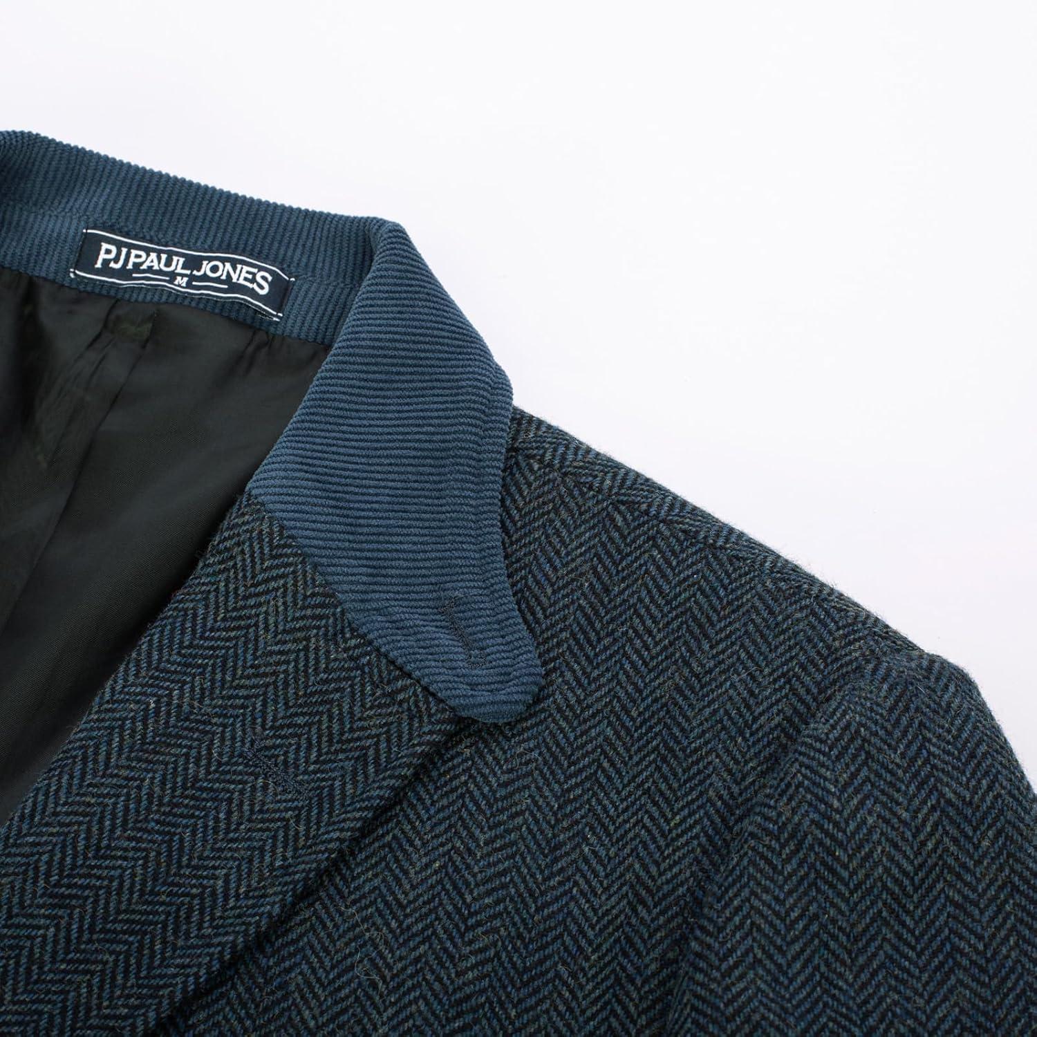 imagePJ PAUL JONES Mens Herringbone Blazer Vintage Tweed Wool Blend Sport Coat JacketDark Blue