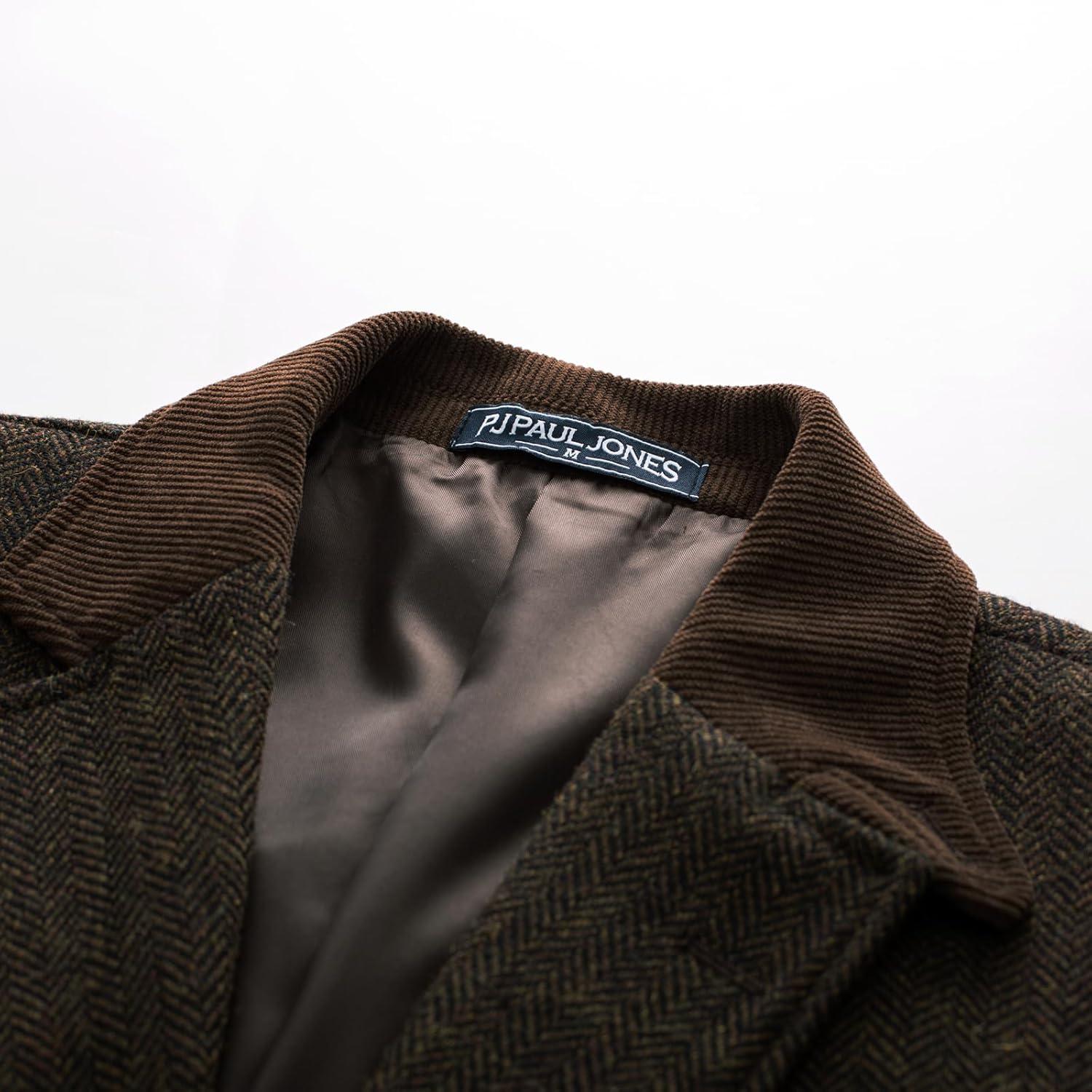 imagePJ PAUL JONES Mens Herringbone Blazer Vintage Tweed Wool Blend Sport Coat JacketDark Coffee