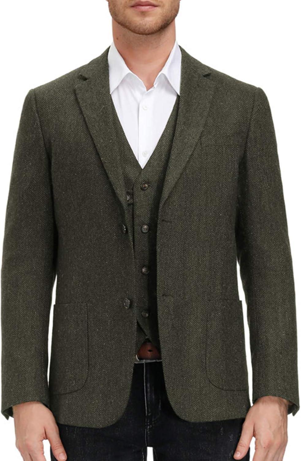 imagePJ PAUL JONES Mens Herringbone Tweed Blazer British Wool Blend Sport Coat JacketArmy Green
