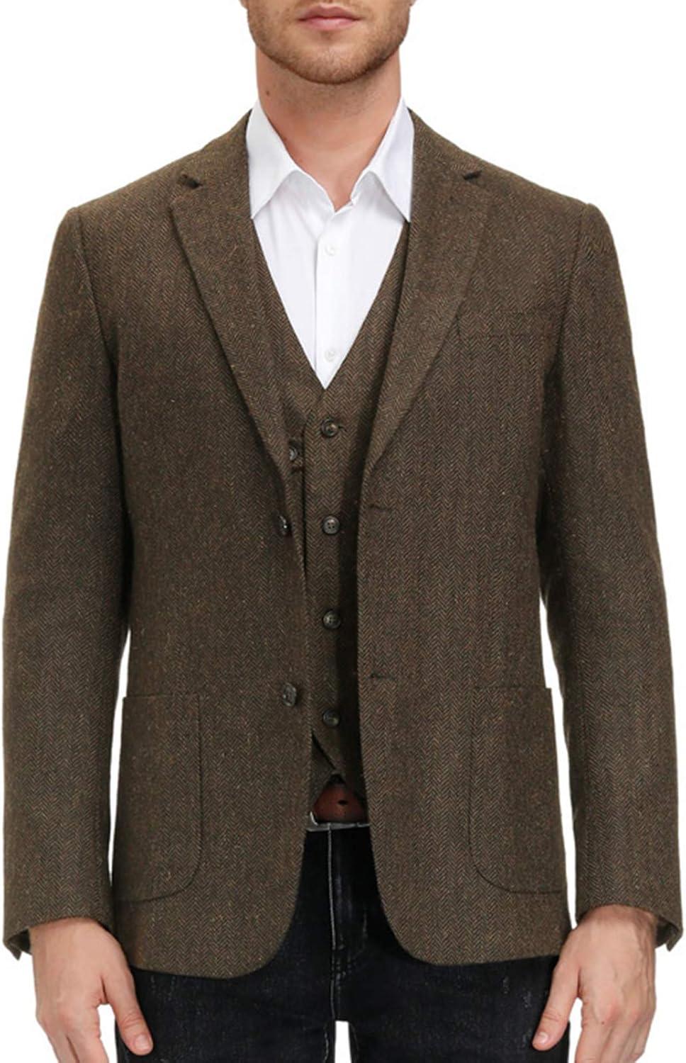imagePJ PAUL JONES Mens Herringbone Tweed Blazer British Wool Blend Sport Coat JacketBrown