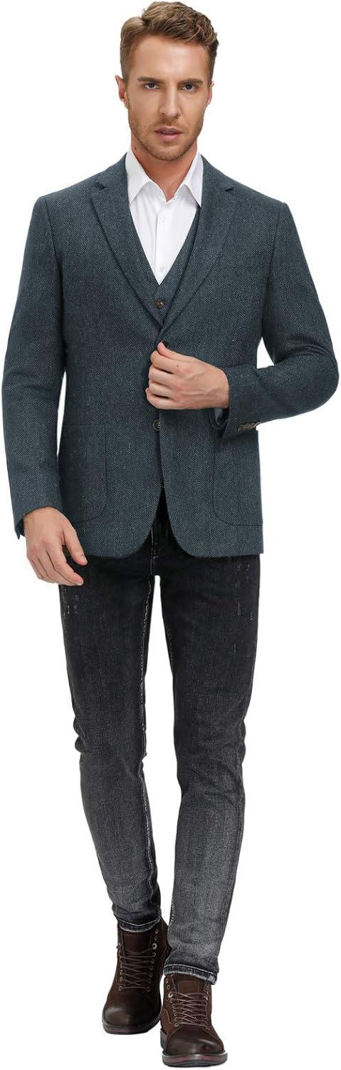 imagePJ PAUL JONES Mens Herringbone Tweed Blazer British Wool Blend Sport Coat JacketDark Blue