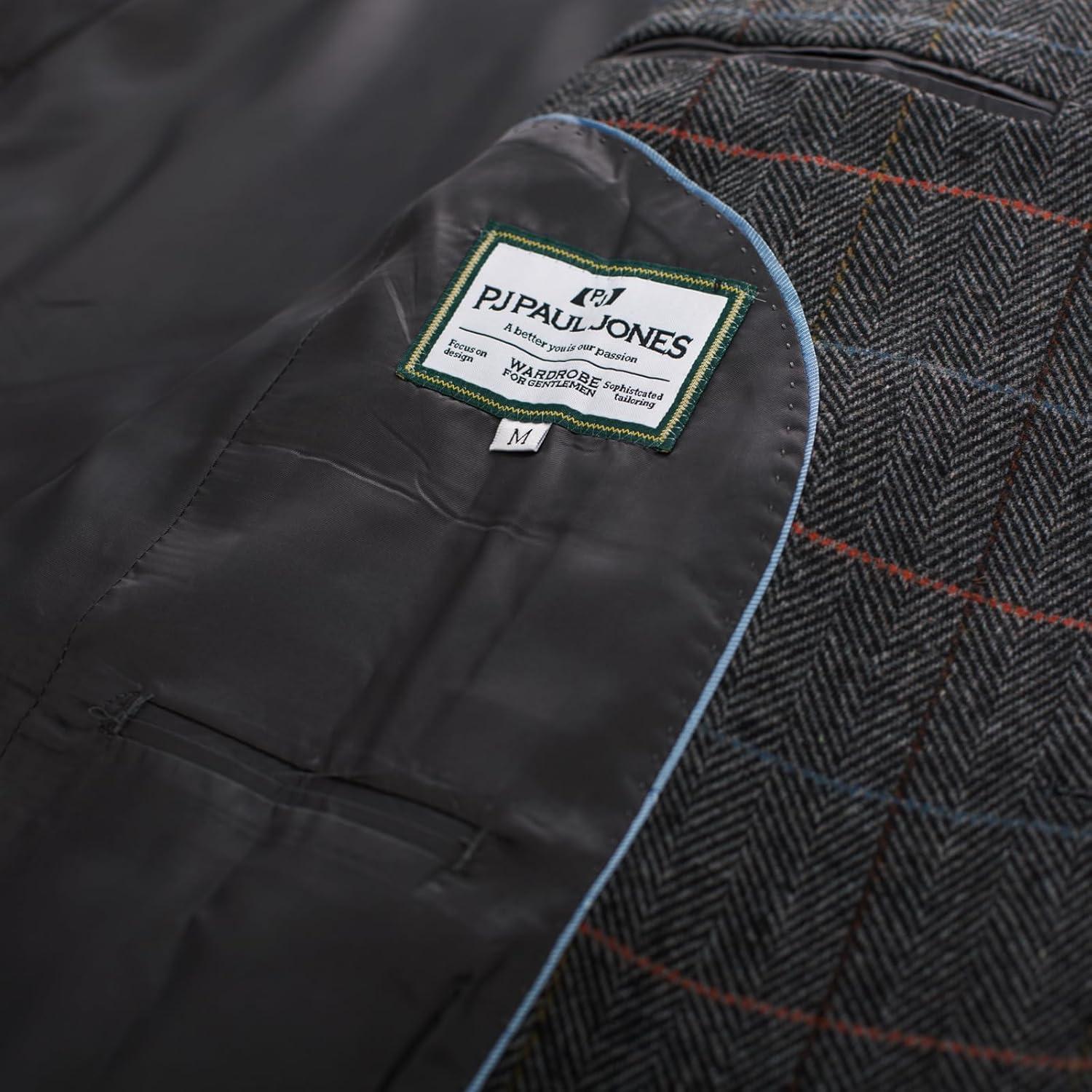 imagePJ PAUL JONES Mens Herringbone Tweed Blazer British Wool Blend Sport Coat JacketDgray