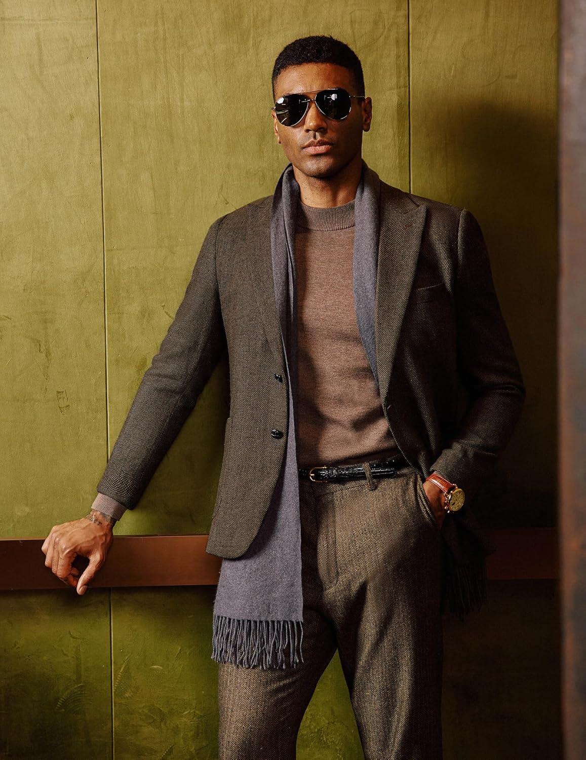 imagePJ PAUL JONES Mens Herringbone Tweed Sport Coat Vintage Wool Blend Two Button Blazer Jacket with PocketsCoffee Peak Lapel