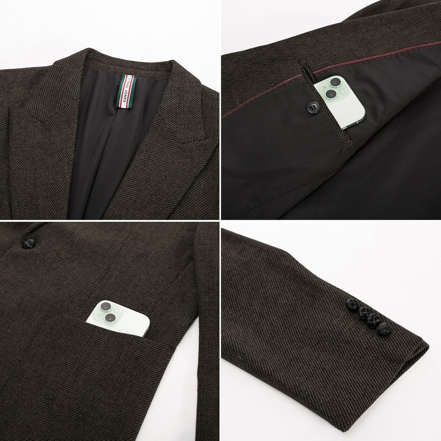 imagePJ PAUL JONES Mens Herringbone Tweed Sport Coat Vintage Wool Blend Two Button Blazer Jacket with PocketsCoffee Peak Lapel