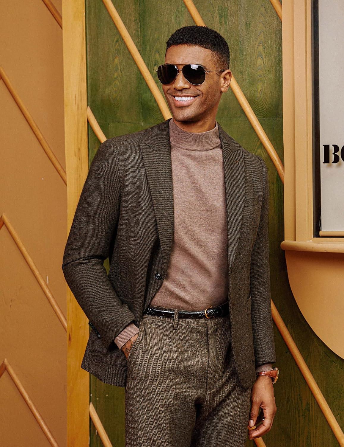 imagePJ PAUL JONES Mens Herringbone Tweed Sport Coat Vintage Wool Blend Two Button Blazer Jacket with PocketsCoffee Peak Lapel