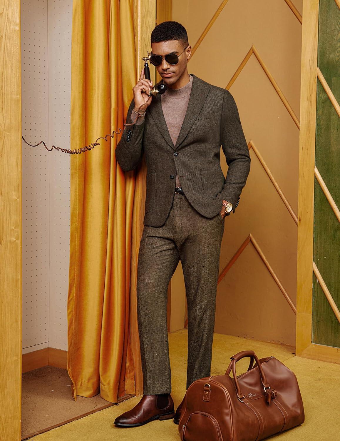 imagePJ PAUL JONES Mens Herringbone Tweed Sport Coat Vintage Wool Blend Two Button Blazer Jacket with PocketsCoffee Peak Lapel