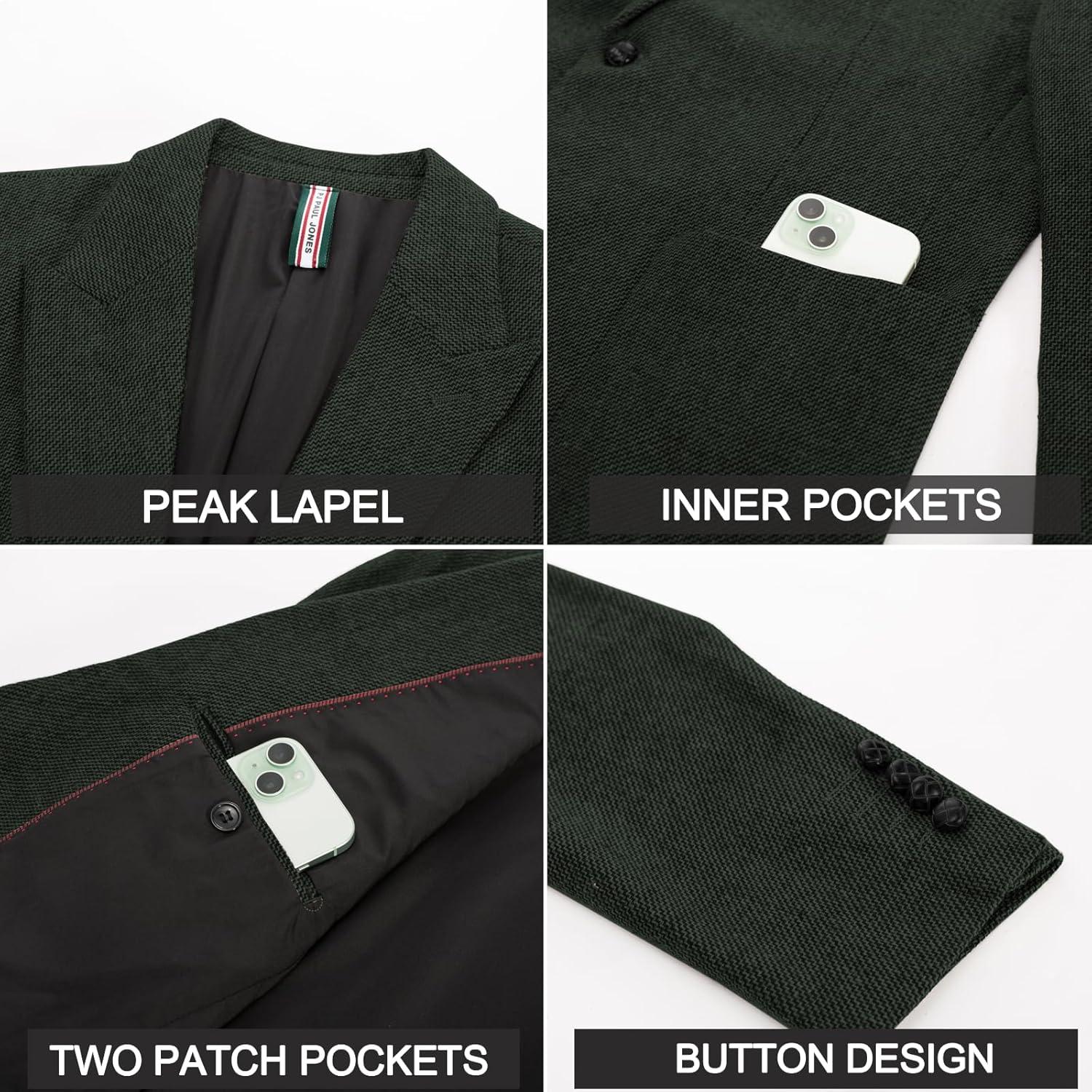 imagePJ PAUL JONES Mens Herringbone Tweed Sport Coat Vintage Wool Blend Two Button Blazer Jacket with PocketsDark Green Peak Lapel