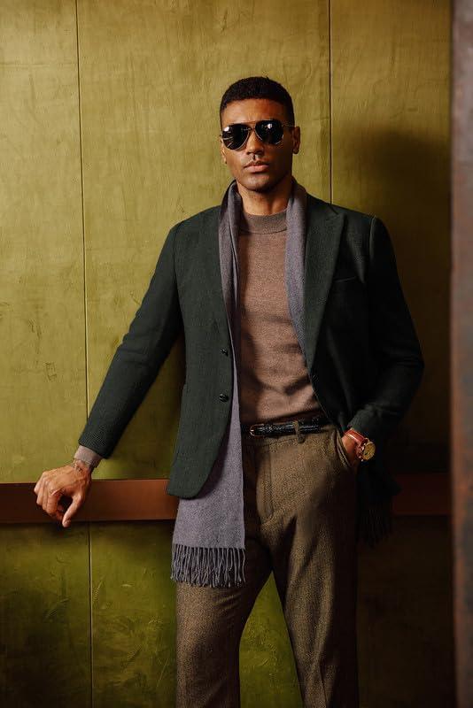 imagePJ PAUL JONES Mens Herringbone Tweed Sport Coat Vintage Wool Blend Two Button Blazer Jacket with PocketsDark Green Peak Lapel