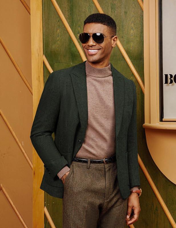 imagePJ PAUL JONES Mens Herringbone Tweed Sport Coat Vintage Wool Blend Two Button Blazer Jacket with PocketsDark Green Peak Lapel