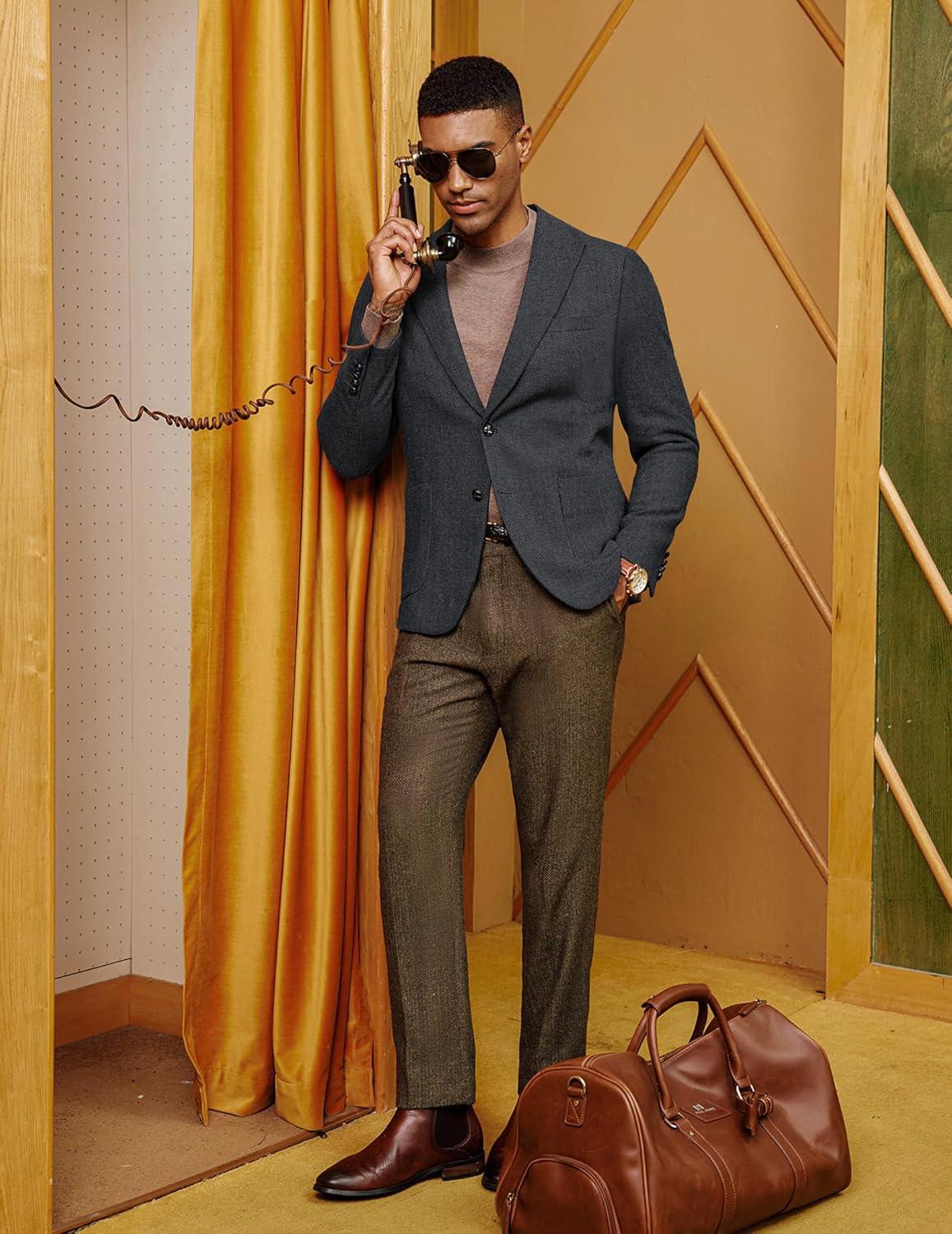 imagePJ PAUL JONES Mens Herringbone Tweed Sport Coat Vintage Wool Blend Two Button Blazer Jacket with PocketsDark Grey32