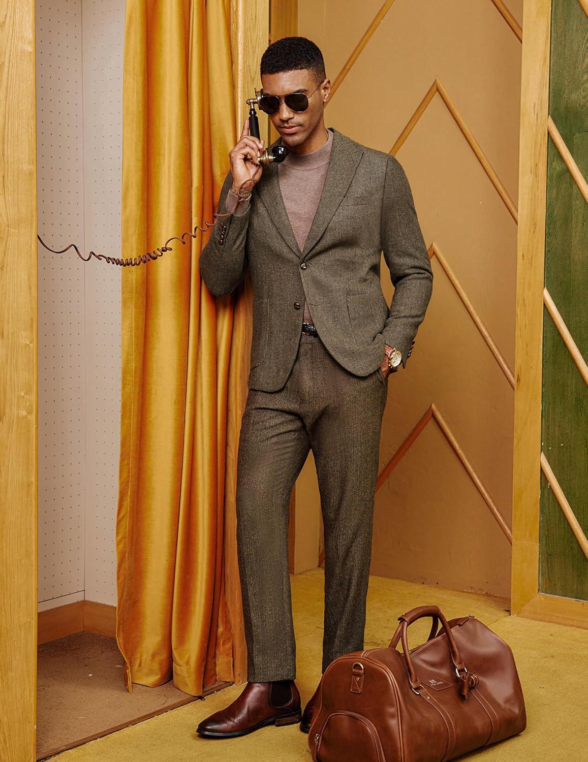 imagePJ PAUL JONES Mens Herringbone Tweed Sport Coat Vintage Wool Blend Two Button Blazer Jacket with PocketsKhaki Peak Lapel