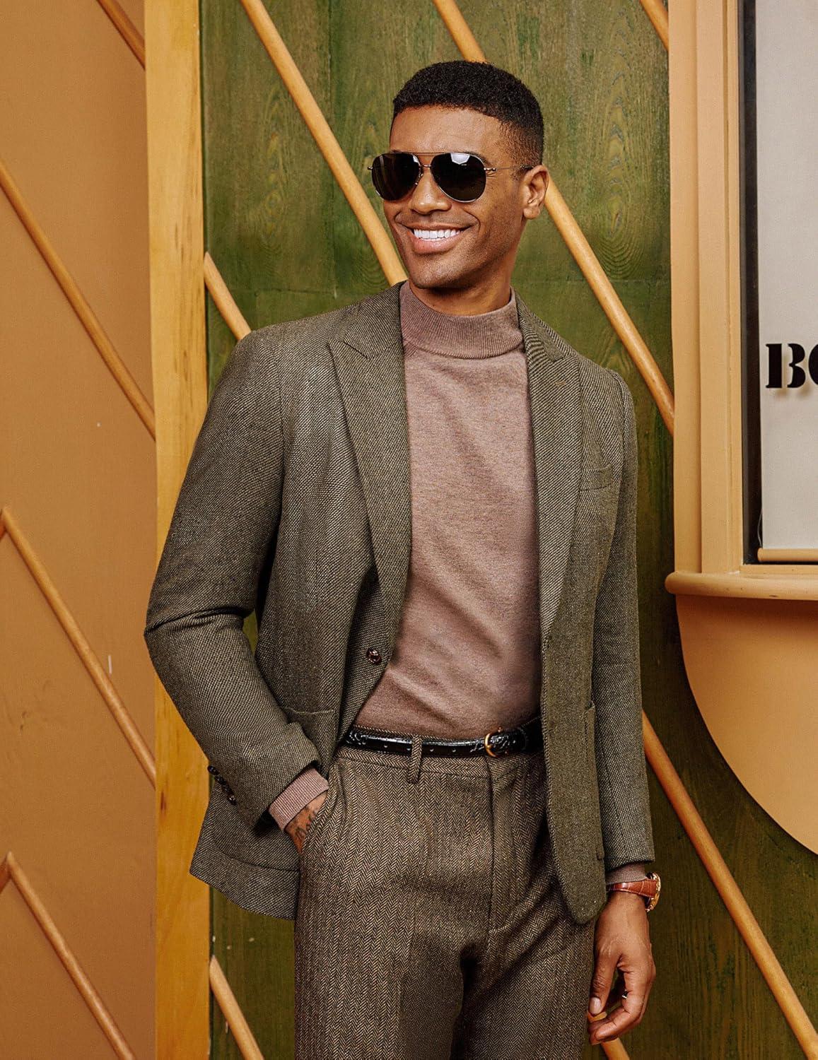 imagePJ PAUL JONES Mens Herringbone Tweed Sport Coat Vintage Wool Blend Two Button Blazer Jacket with PocketsKhaki Peak Lapel