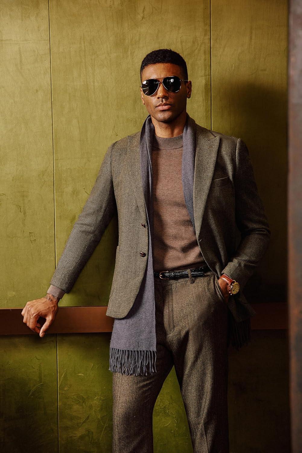 imagePJ PAUL JONES Mens Herringbone Tweed Sport Coat Vintage Wool Blend Two Button Blazer Jacket with PocketsKhaki Peak Lapel