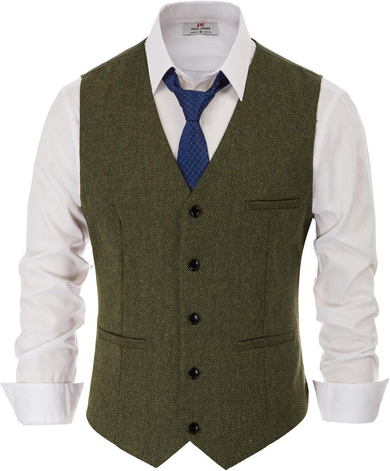 imagePJ PAUL JONES Mens Herringbone Tweed Suit Vest Casual Wool Blend WaistcoatArmy Green
