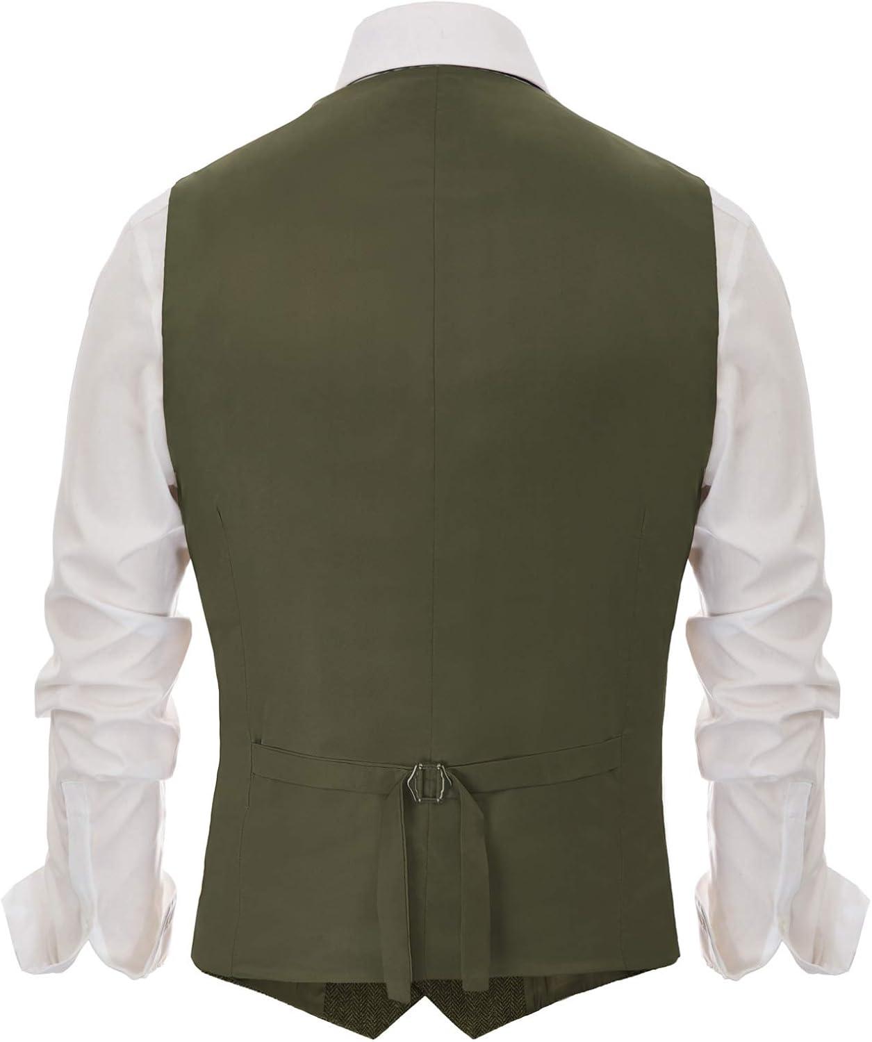 imagePJ PAUL JONES Mens Herringbone Tweed Suit Vest Casual Wool Blend WaistcoatArmy Green