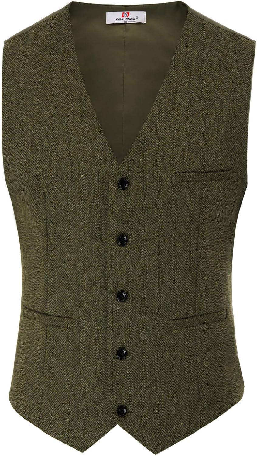 imagePJ PAUL JONES Mens Herringbone Tweed Suit Vest Casual Wool Blend WaistcoatArmy Green
