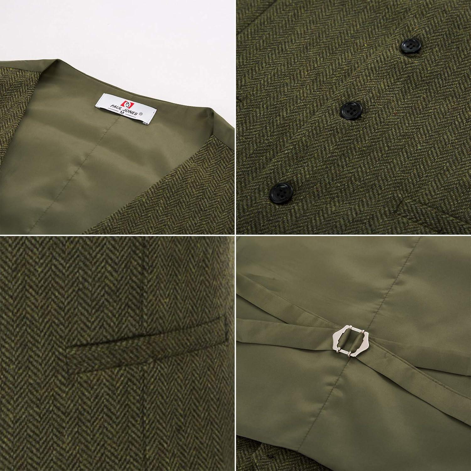 imagePJ PAUL JONES Mens Herringbone Tweed Suit Vest Casual Wool Blend WaistcoatArmy Green