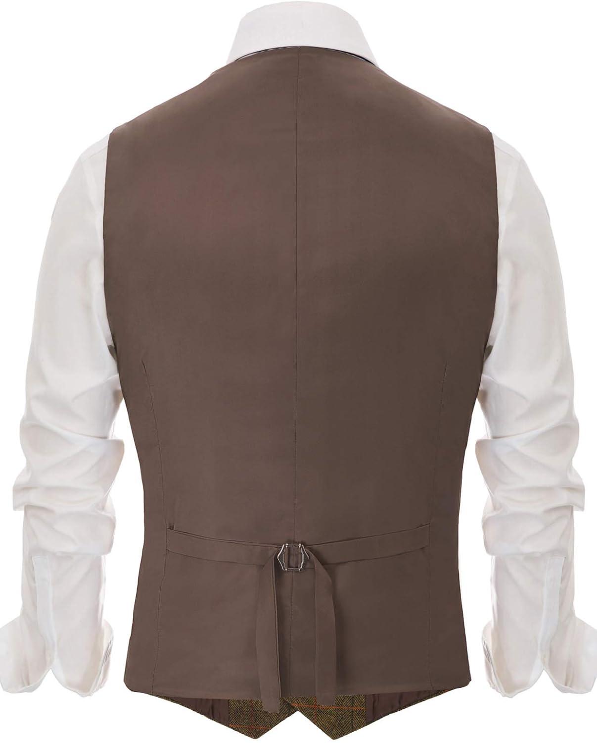 imagePJ PAUL JONES Mens Herringbone Tweed Suit Vest Casual Wool Blend WaistcoatCoffeeplaid