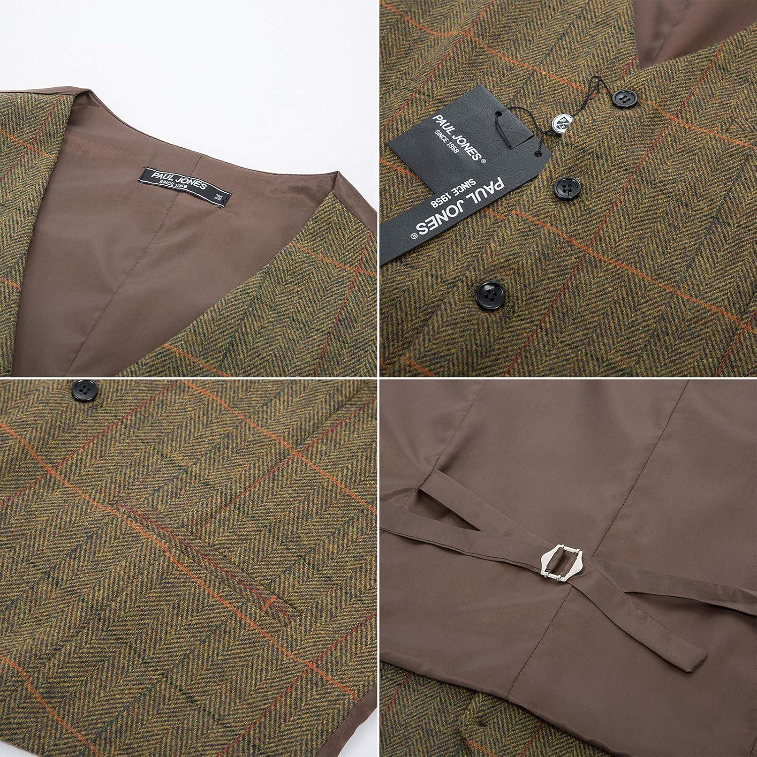 imagePJ PAUL JONES Mens Herringbone Tweed Suit Vest Casual Wool Blend WaistcoatCoffeeplaid