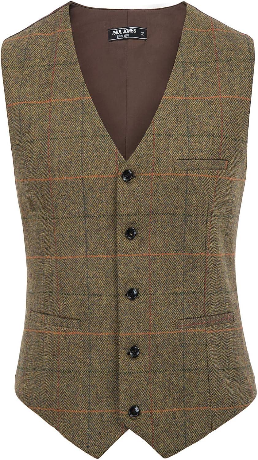 imagePJ PAUL JONES Mens Herringbone Tweed Suit Vest Casual Wool Blend WaistcoatCoffeeplaid