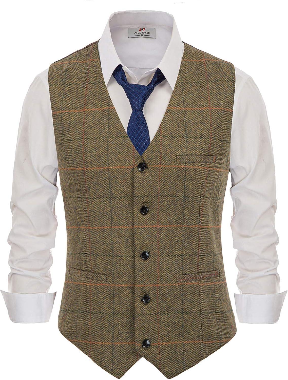 imagePJ PAUL JONES Mens Herringbone Tweed Suit Vest Casual Wool Blend WaistcoatCoffeeplaid