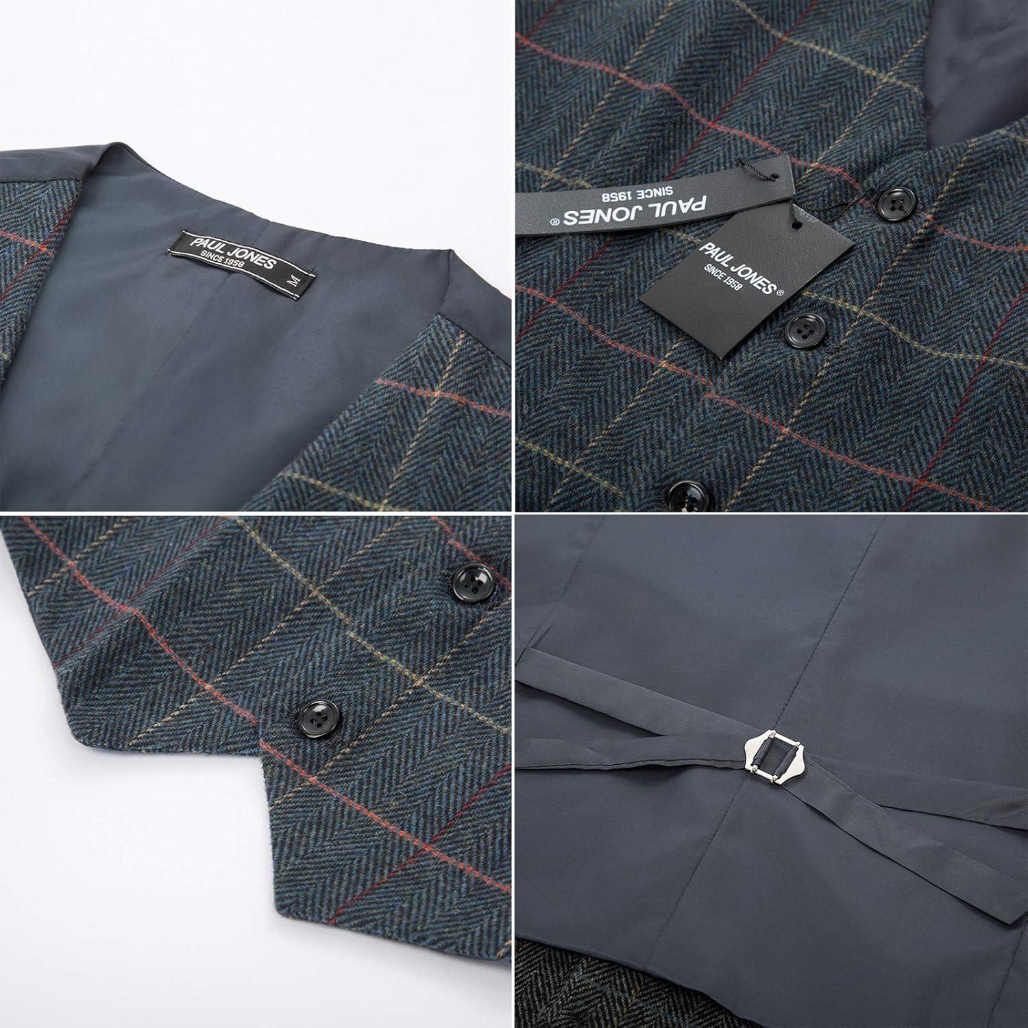 imagePJ PAUL JONES Mens Herringbone Tweed Suit Vest Casual Wool Blend WaistcoatDark Blueplaid