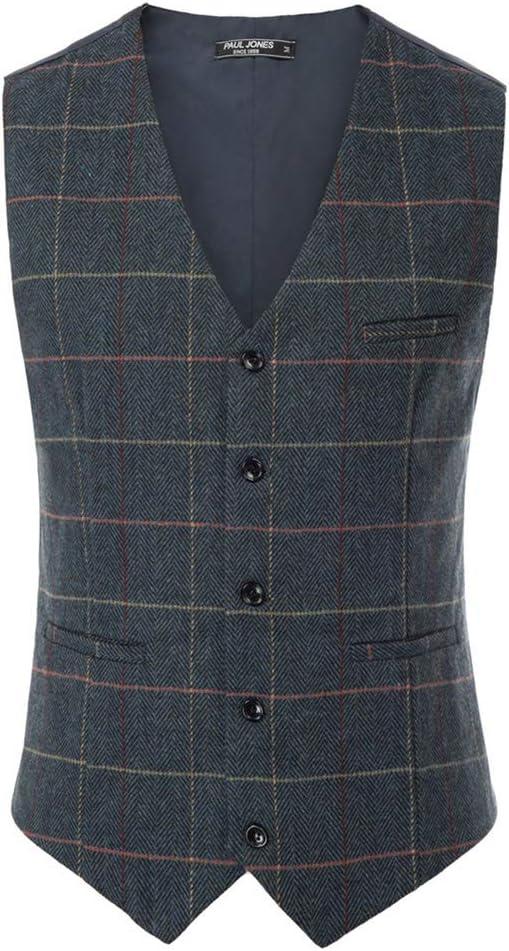 imagePJ PAUL JONES Mens Herringbone Tweed Suit Vest Casual Wool Blend WaistcoatDark Blueplaid
