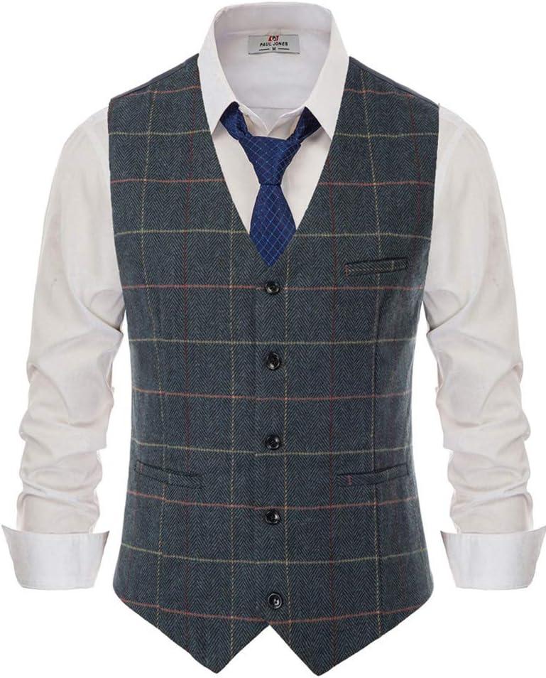 imagePJ PAUL JONES Mens Herringbone Tweed Suit Vest Casual Wool Blend WaistcoatDark Blueplaid