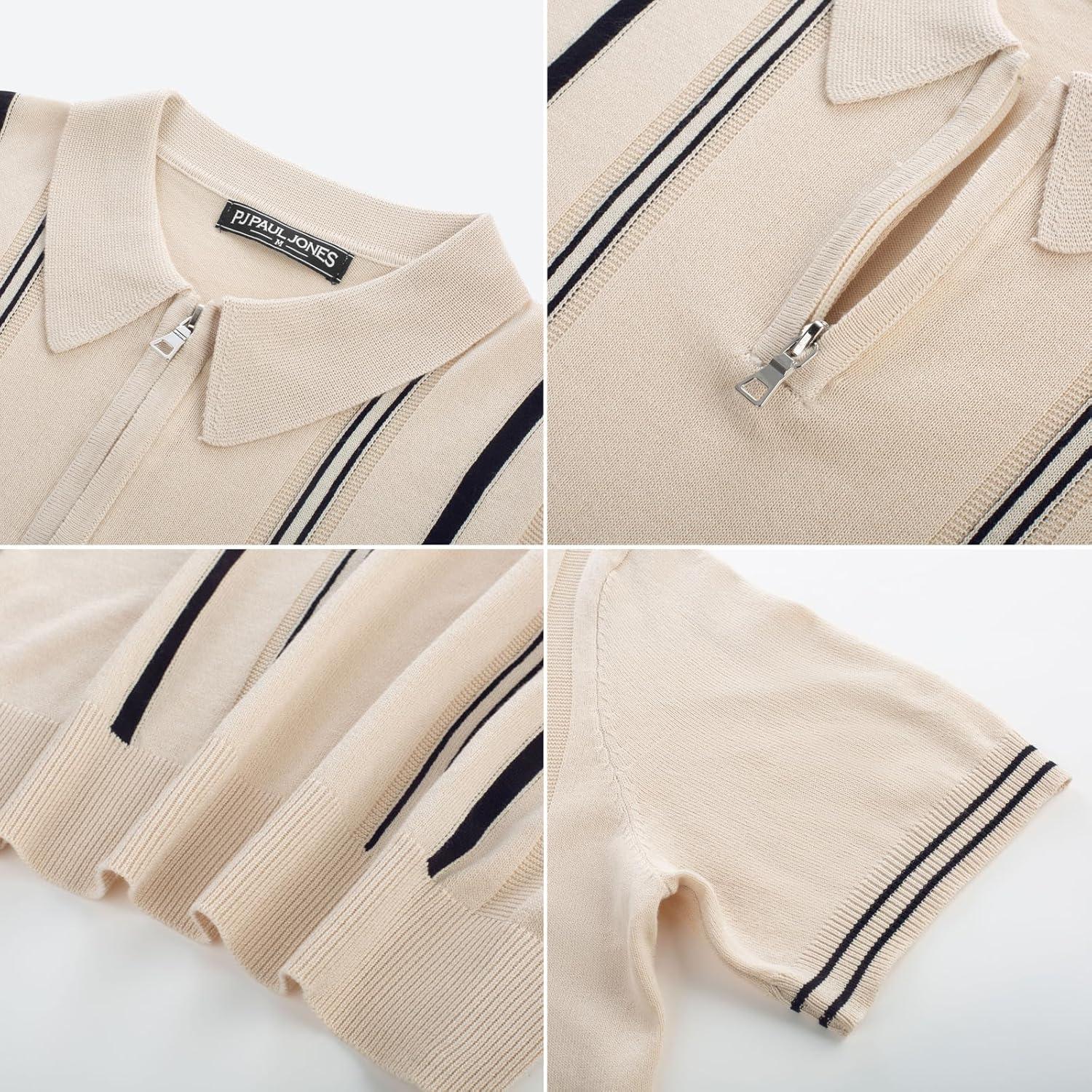 imagePJ PAUL JONES Mens Knit Polo Shirts Short Sleeve Quarter Zip Golf Shirt Vintage Shirts for MenApricot