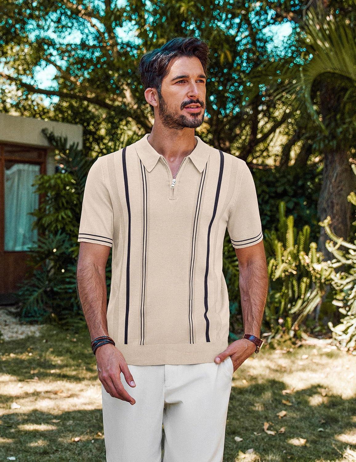 imagePJ PAUL JONES Mens Knit Polo Shirts Short Sleeve Quarter Zip Golf Shirt Vintage Shirts for MenApricot