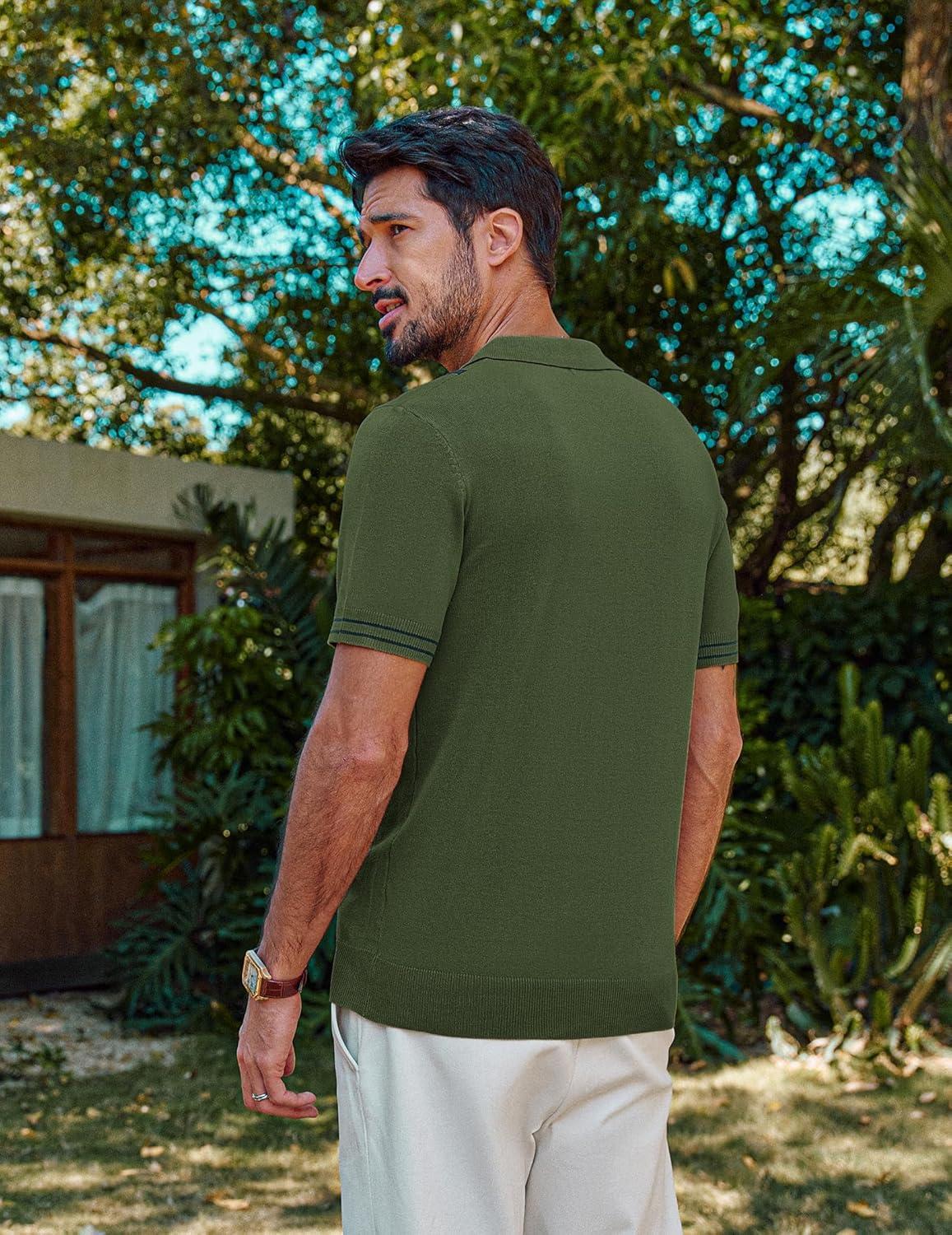 imagePJ PAUL JONES Mens Knit Polo Shirts Short Sleeve Quarter Zip Golf Shirt Vintage Shirts for MenArmy Green