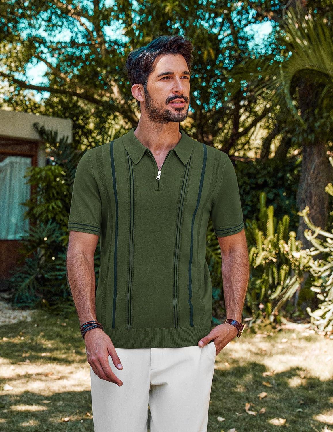 imagePJ PAUL JONES Mens Knit Polo Shirts Short Sleeve Quarter Zip Golf Shirt Vintage Shirts for MenArmy Green