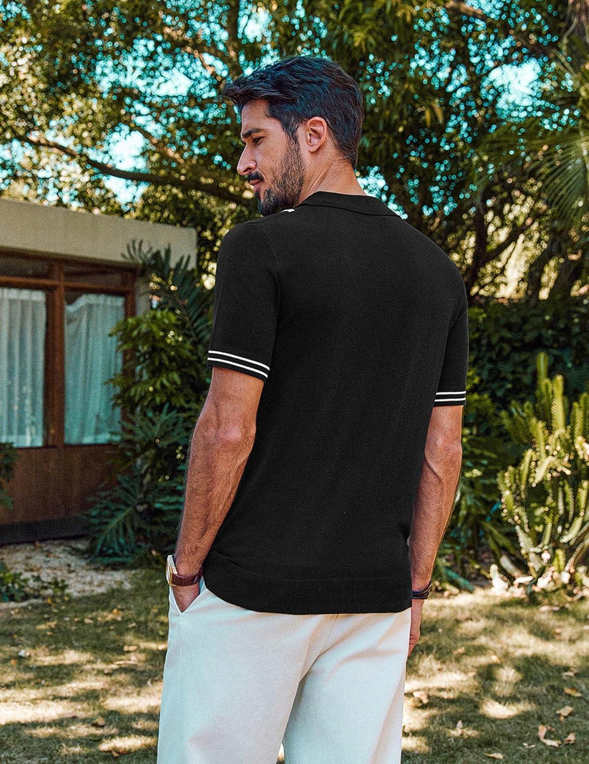 imagePJ PAUL JONES Mens Knit Polo Shirts Short Sleeve Quarter Zip Golf Shirt Vintage Shirts for MenBlack