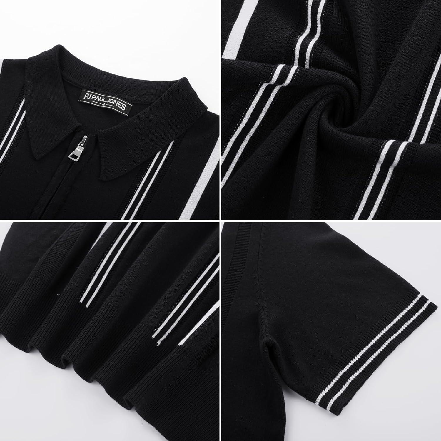 imagePJ PAUL JONES Mens Knit Polo Shirts Short Sleeve Quarter Zip Golf Shirt Vintage Shirts for MenBlack