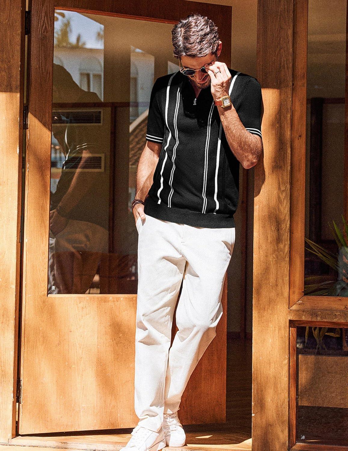 imagePJ PAUL JONES Mens Knit Polo Shirts Short Sleeve Quarter Zip Golf Shirt Vintage Shirts for MenBlack