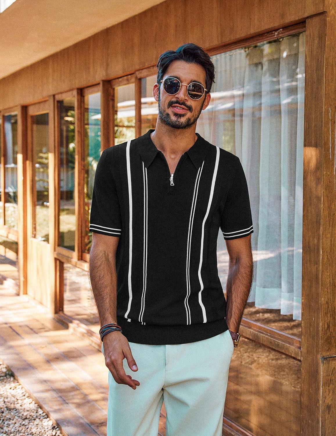 imagePJ PAUL JONES Mens Knit Polo Shirts Short Sleeve Quarter Zip Golf Shirt Vintage Shirts for MenBlack