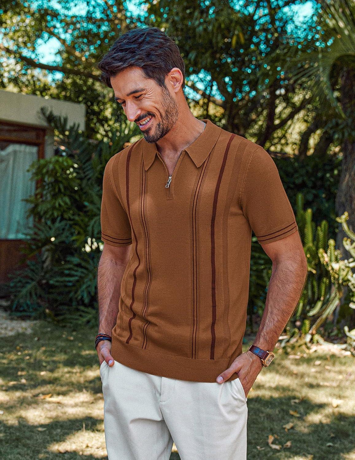 imagePJ PAUL JONES Mens Knit Polo Shirts Short Sleeve Quarter Zip Golf Shirt Vintage Shirts for MenBrown