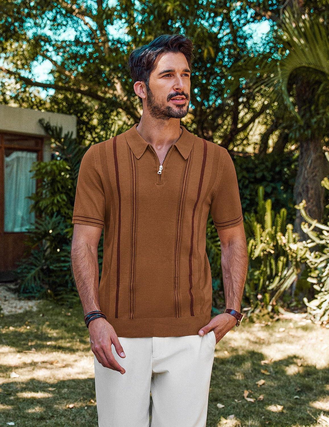 imagePJ PAUL JONES Mens Knit Polo Shirts Short Sleeve Quarter Zip Golf Shirt Vintage Shirts for MenBrown