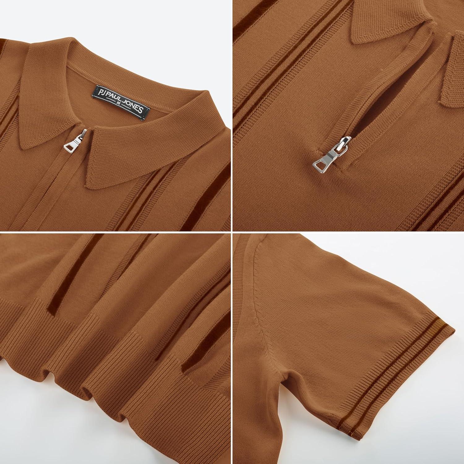 imagePJ PAUL JONES Mens Knit Polo Shirts Short Sleeve Quarter Zip Golf Shirt Vintage Shirts for MenBrown