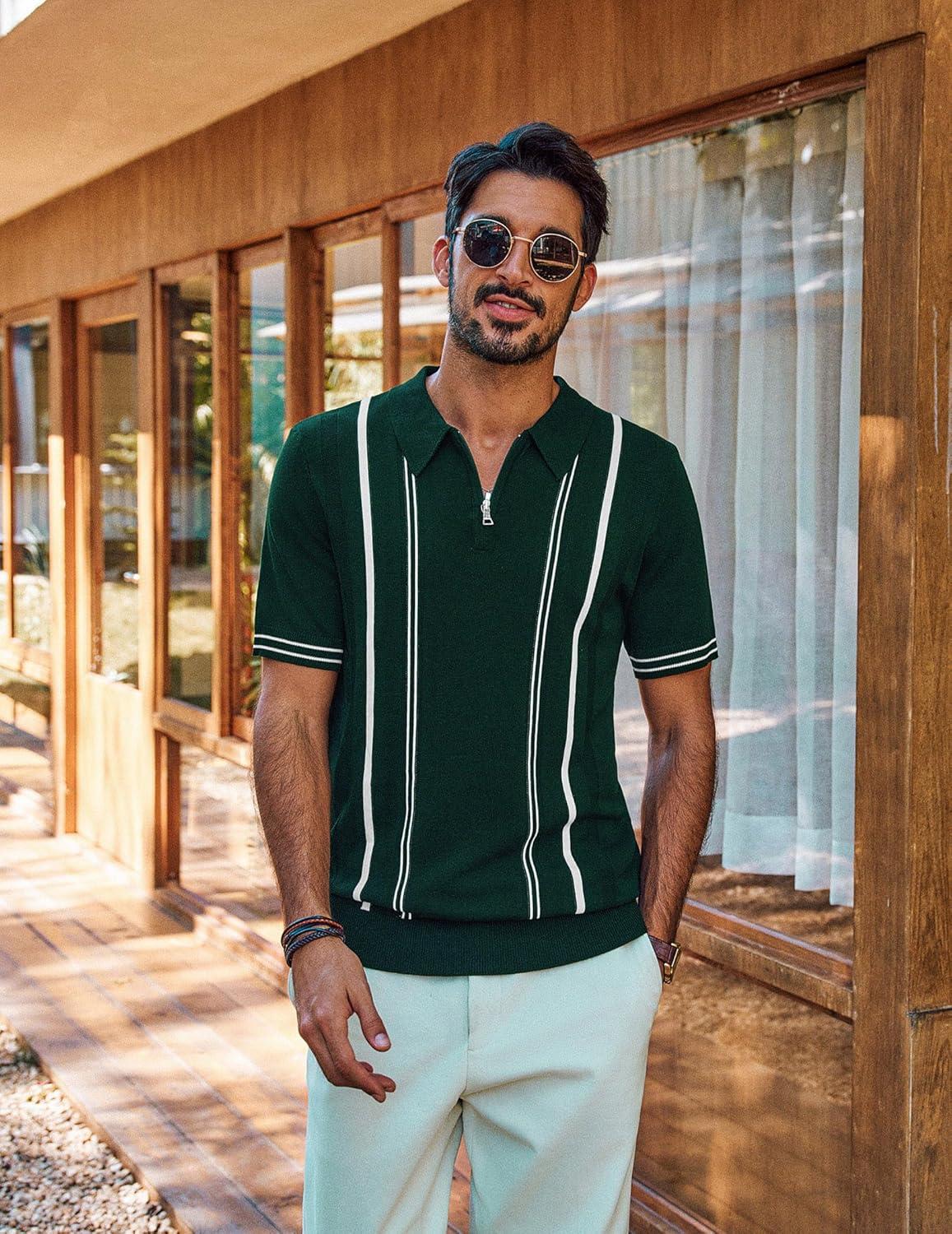 imagePJ PAUL JONES Mens Knit Polo Shirts Short Sleeve Quarter Zip Golf Shirt Vintage Shirts for MenDark Green