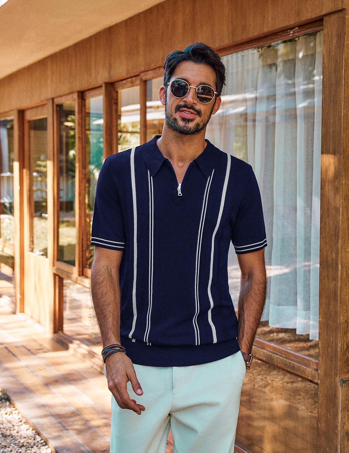 imagePJ PAUL JONES Mens Knit Polo Shirts Short Sleeve Quarter Zip Golf Shirt Vintage Shirts for MenNavy