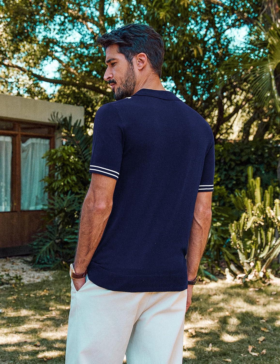 imagePJ PAUL JONES Mens Knit Polo Shirts Short Sleeve Quarter Zip Golf Shirt Vintage Shirts for MenNavy