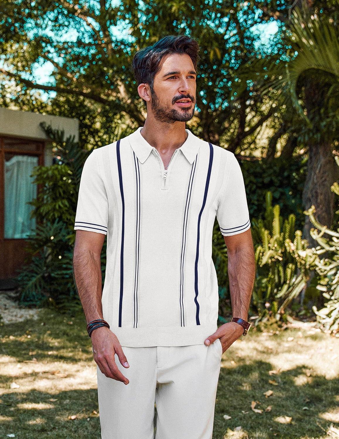 imagePJ PAUL JONES Mens Knit Polo Shirts Short Sleeve Quarter Zip Golf Shirt Vintage Shirts for MenOff White