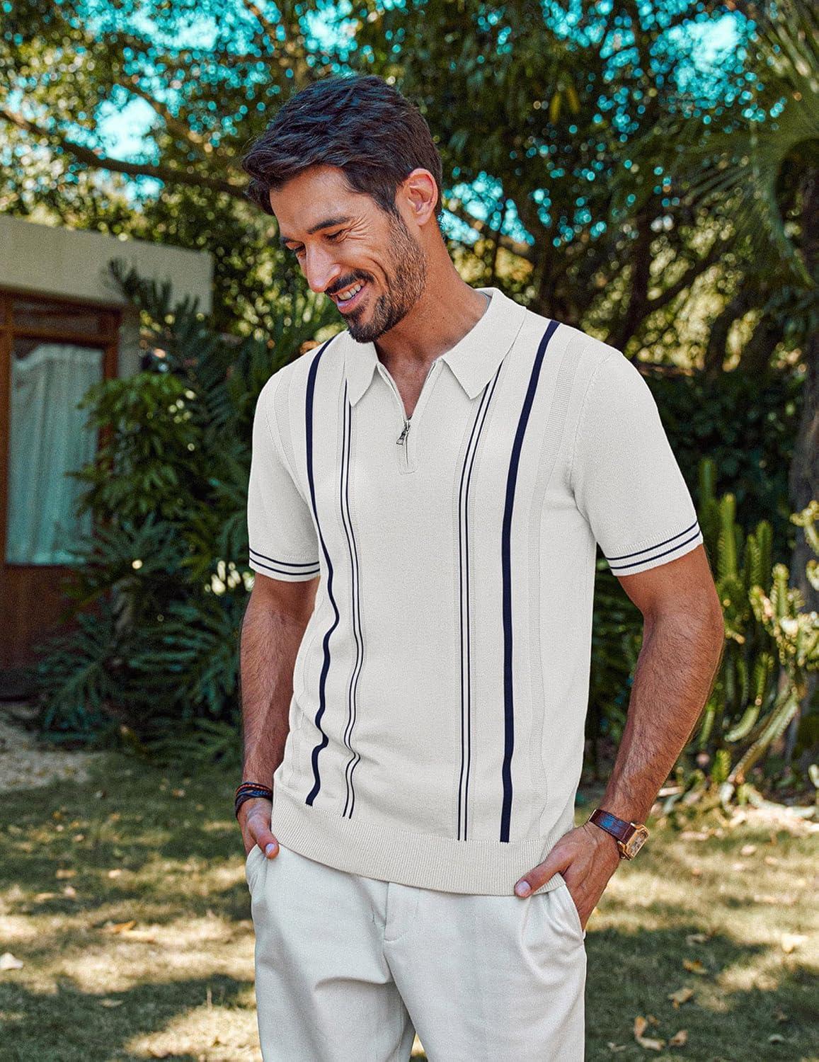 imagePJ PAUL JONES Mens Knit Polo Shirts Short Sleeve Quarter Zip Golf Shirt Vintage Shirts for MenOff White