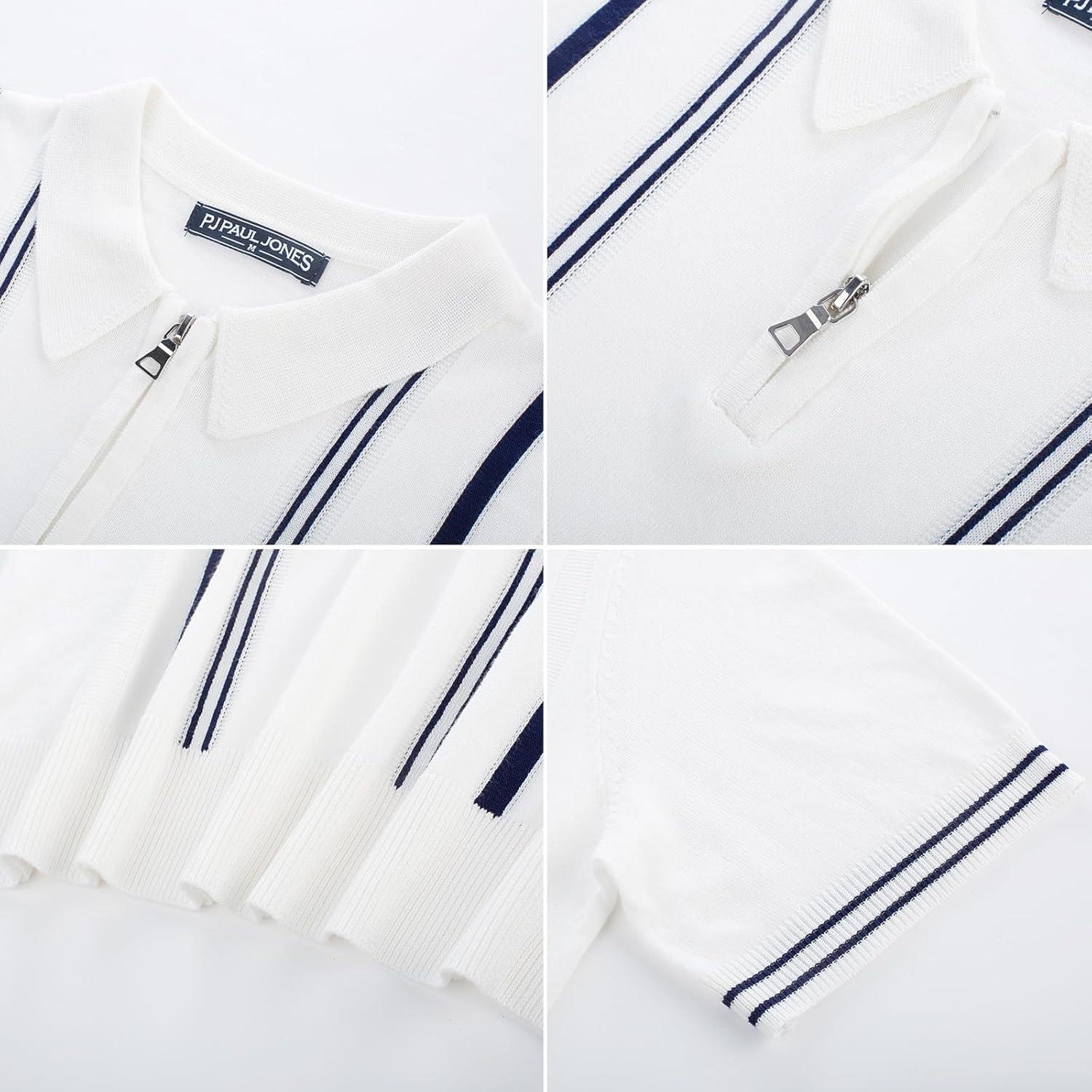 imagePJ PAUL JONES Mens Knit Polo Shirts Short Sleeve Quarter Zip Golf Shirt Vintage Shirts for MenOff White