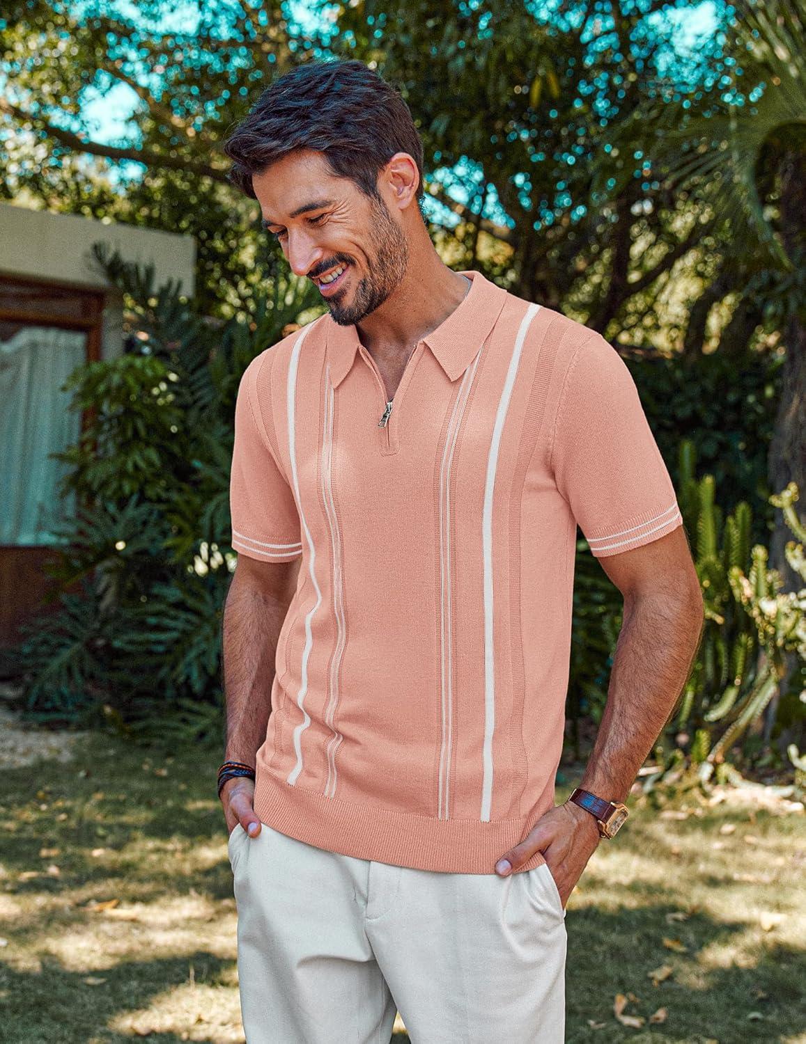 imagePJ PAUL JONES Mens Knit Polo Shirts Short Sleeve Quarter Zip Golf Shirt Vintage Shirts for MenPink