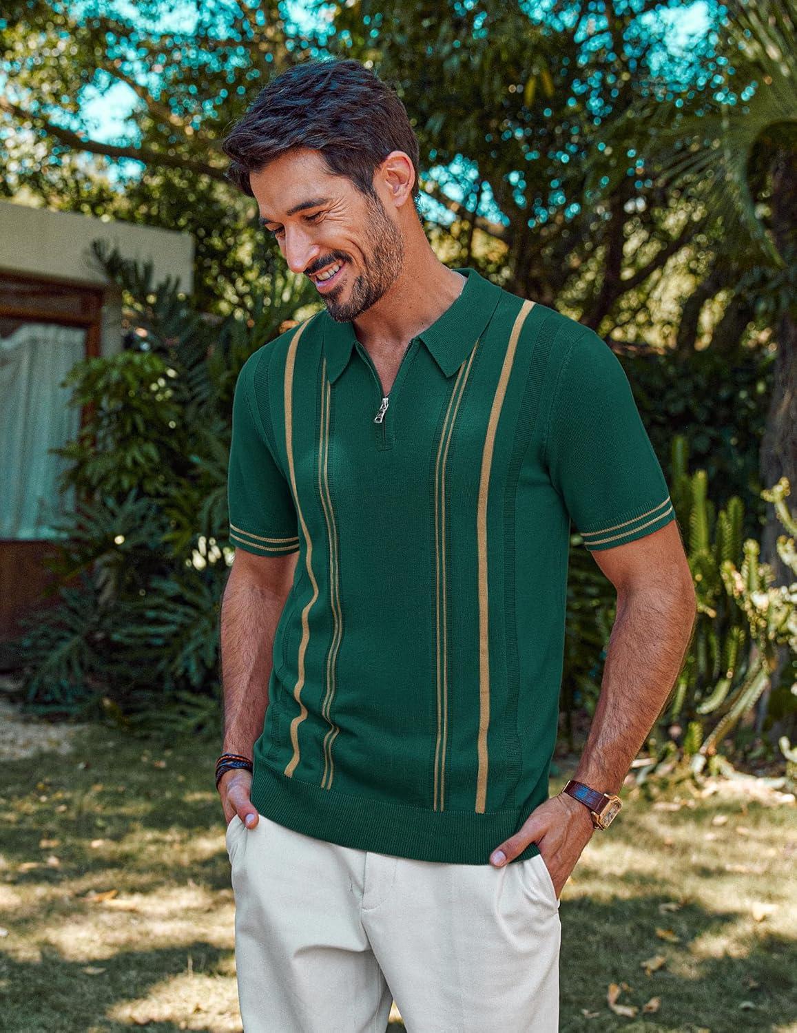 imagePJ PAUL JONES Mens Knit Polo Shirts Short Sleeve Quarter Zip Golf Shirt Vintage Shirts for MenVintage Green