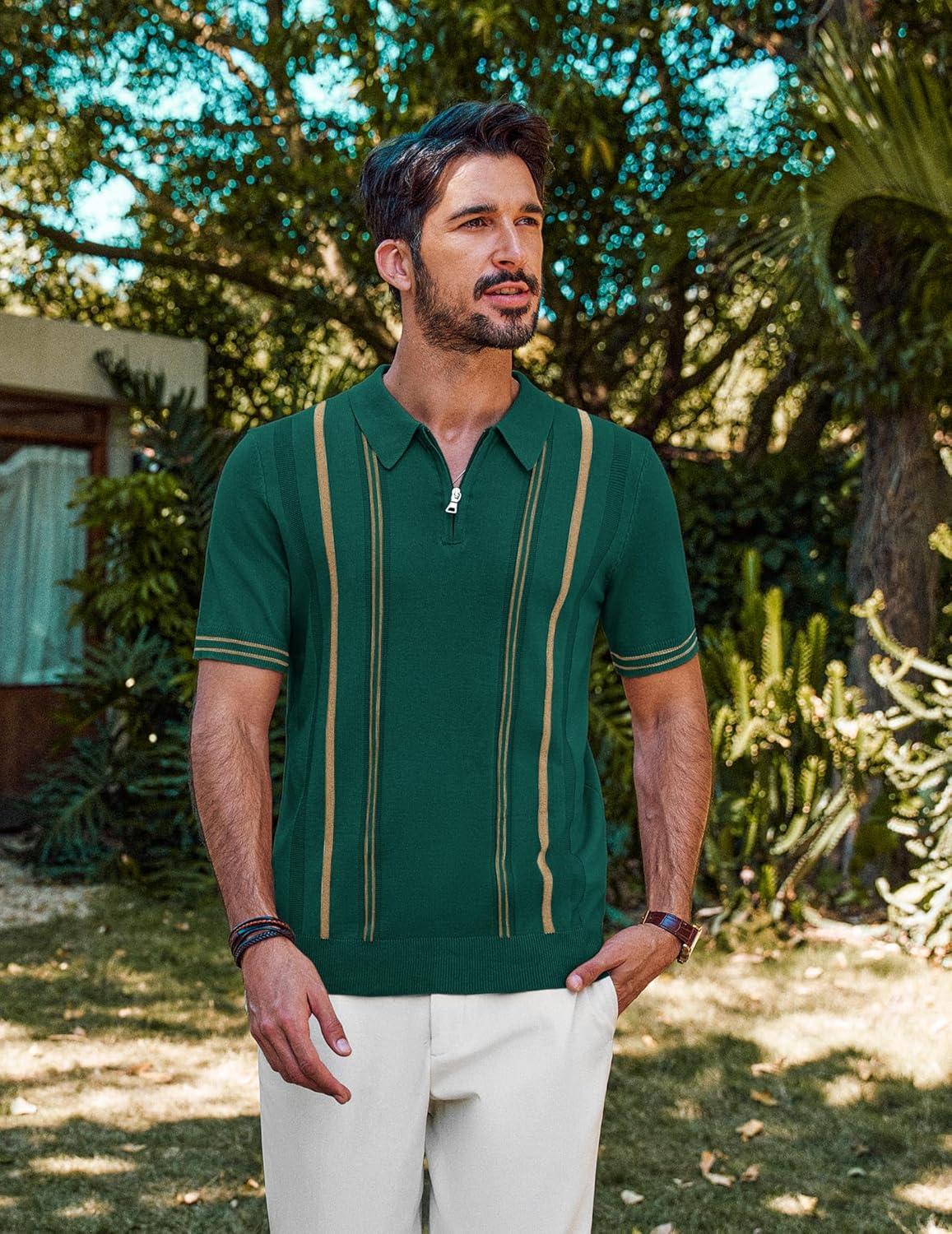 imagePJ PAUL JONES Mens Knit Polo Shirts Short Sleeve Quarter Zip Golf Shirt Vintage Shirts for MenVintage Green