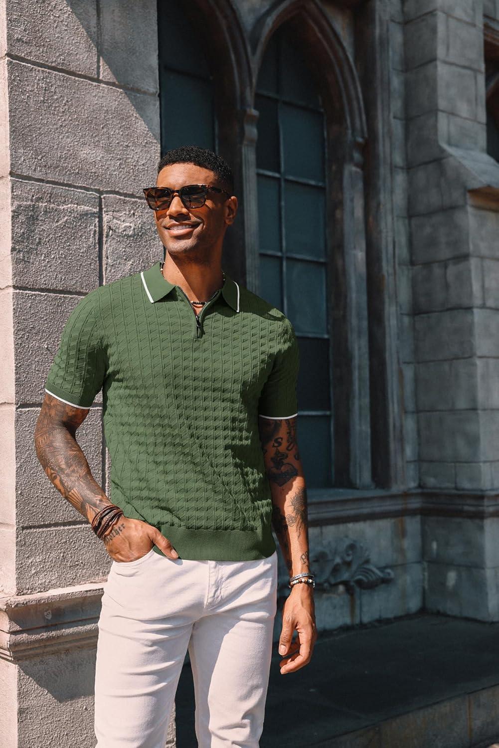 imagePJ PAUL JONES Mens Knit Polo Shirts Short Sleeve Quarter Zip Polo ShirtArmy Green