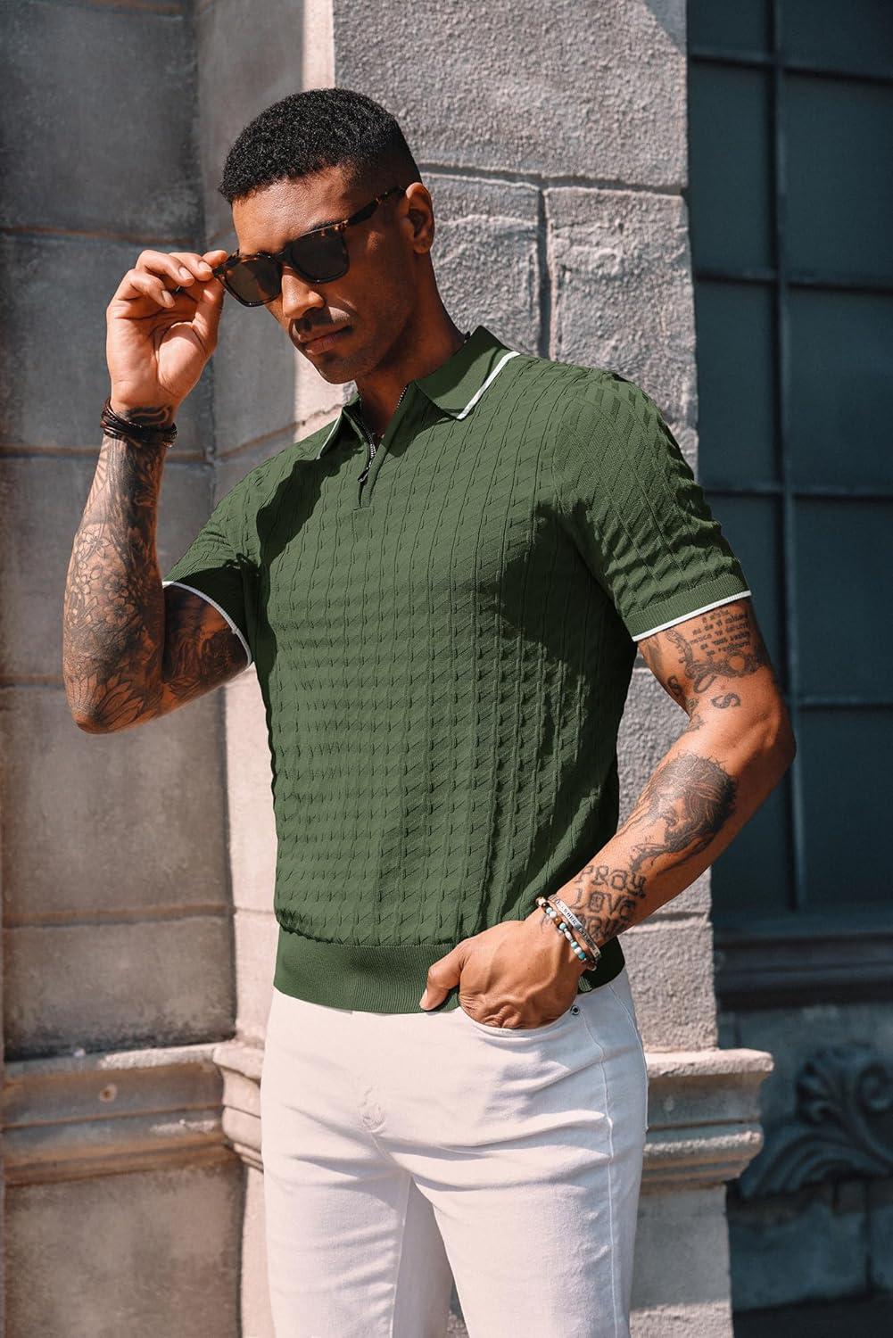 imagePJ PAUL JONES Mens Knit Polo Shirts Short Sleeve Quarter Zip Polo ShirtArmy Green
